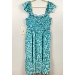 April Cornell Blue Ditsy Floral Ruffle Smocked Midi Dress Womens L READ Cottage